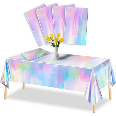 4 Pack Iridescence Plastic Tablecloths, Boriyuan Disposable Laser Tablecloth Holographic Foil Rectangle Table Covers Birthday Disco Bachelorette Bridal Wedding Rainbow Party Decorations (54"x108")