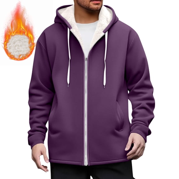 Men's Hooded Sweatshirt Warm Fleece-Lined Long-Sleeve Zipper Athletic Pullover Hoodie with Pockets Purple M