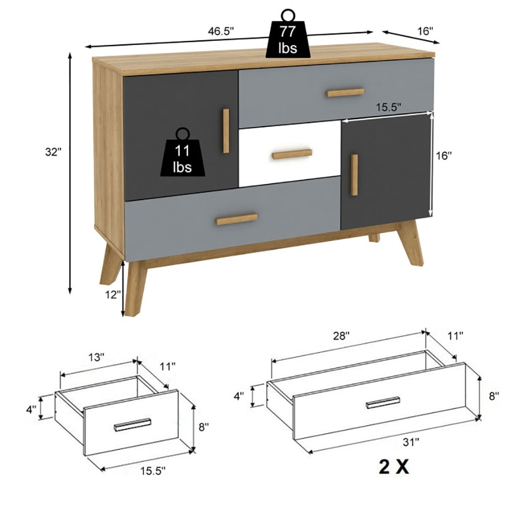 Finihen Storage Floor Cabinet, Free-standing Storage Floor Cabinet with 2 Doors and 3 Drawers, for Living Room, Home, Office, Entryway, Gray