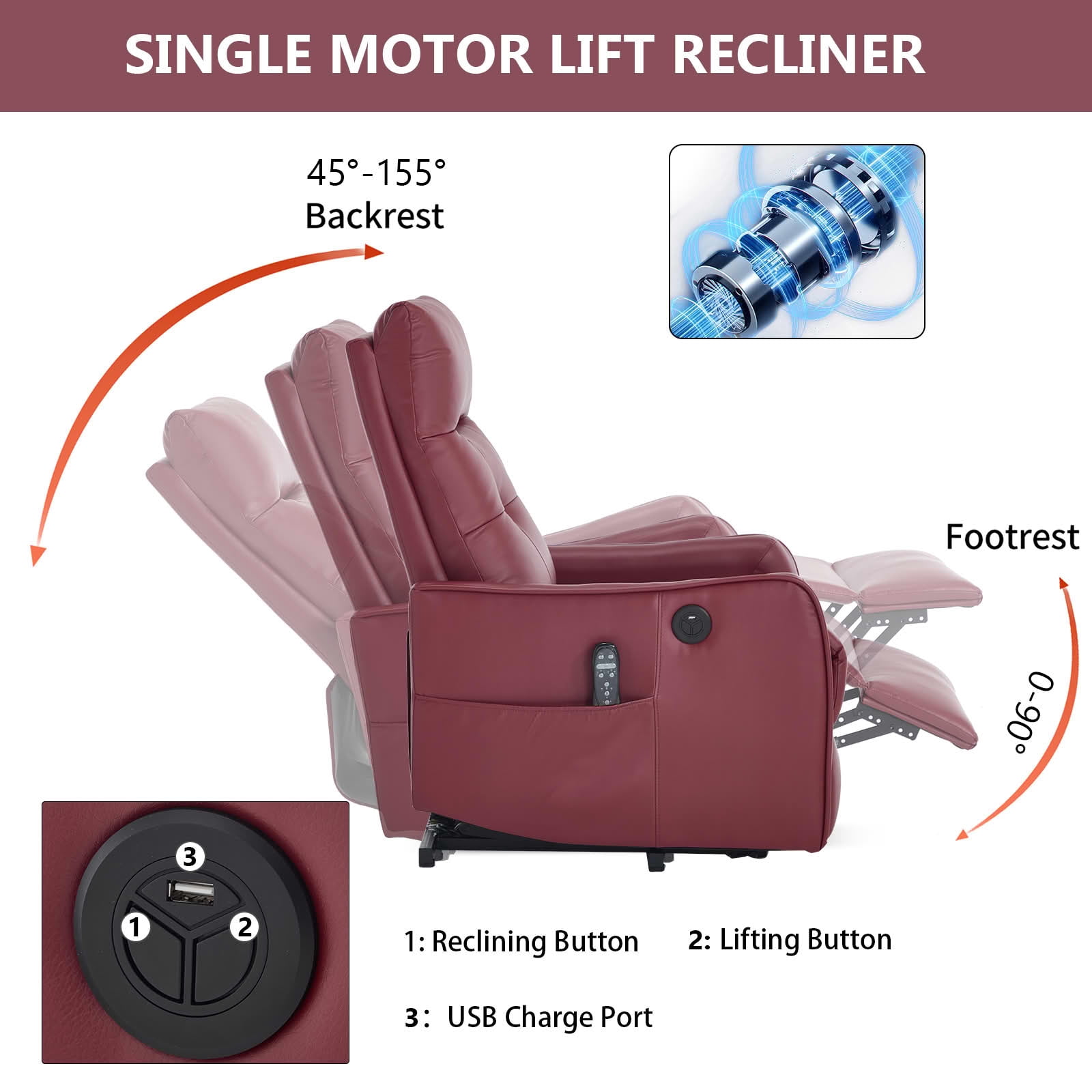 MAYEERTY Red Single Motor Power Lift Recliner Chair, 155° Recline PU Massage Heat Chair with USB for Elderly Living Room