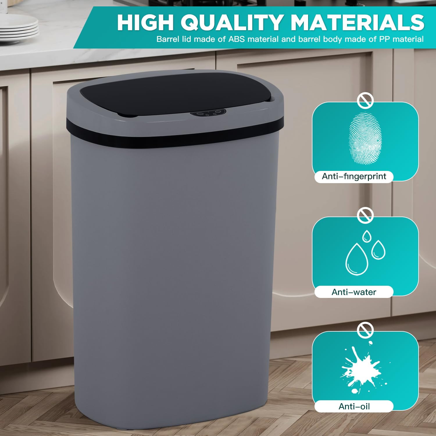 BestOffice 13 Gallon Plastic Touchless Kitchen Trash Can with Motion Sensor for Indoor Use(Gray)