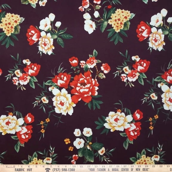 Liverpool Knit Large Red Floral Print On Burgundy 58" Fabric By The Yard