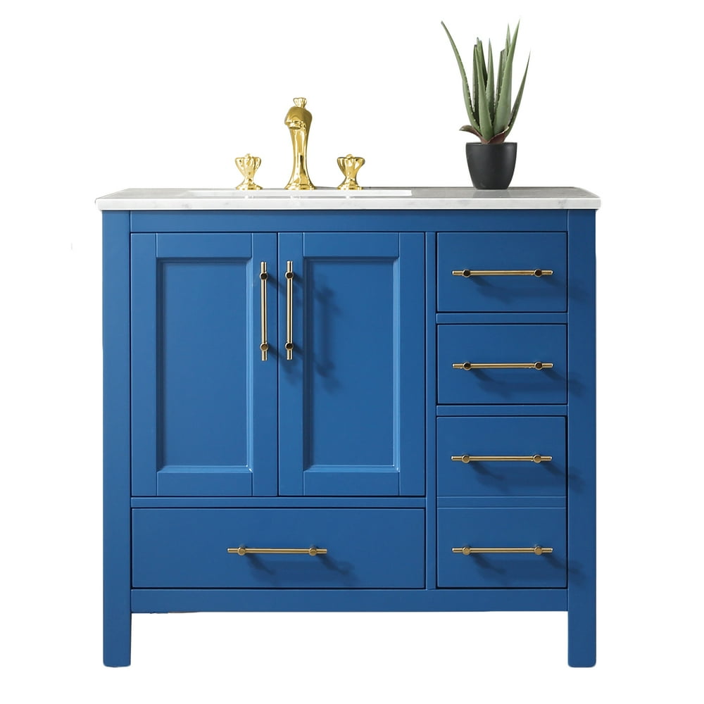 Eviva Navy 36 inch Deep Blue Bathroom Vanity with White Carrara Counter