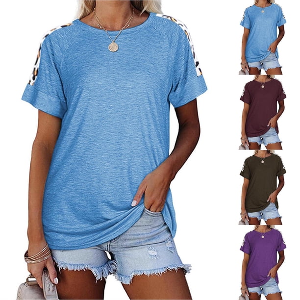 Fiudx Camisas para Mujer Top de Cuello Redondo de Manga Corta Suelto Estampado Casual para Mujer