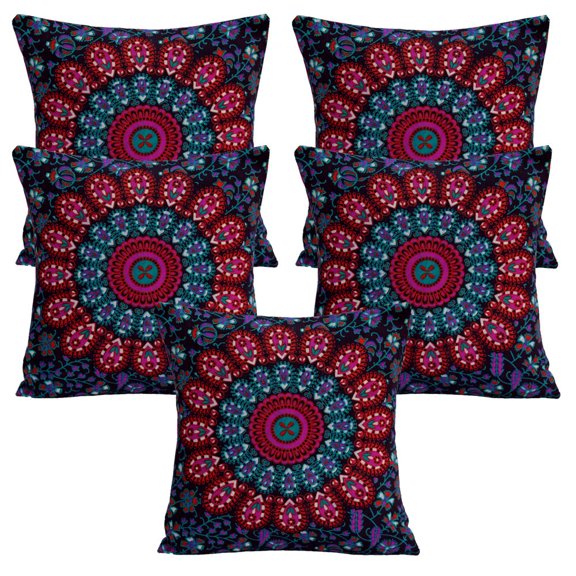 Stylo Culture Indian Decorative Throw Pillow Covers 16x16 Peacock Eye Printed Purple Green Traditional 40cm x 40cm Home Decor Cotton Mandala Square Cushion Covers | Set Of 5