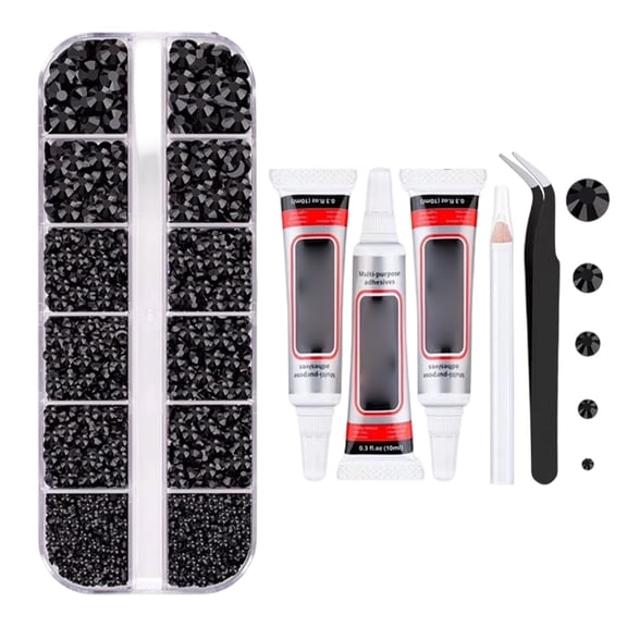 Bedazzling Kit,Flatback Rhinestones Kit with Tweezer for Nail Art and DIY Crafts, 1.5-5mm Flatback Gems with Jewelry Glue for Clothing, Shoes, Tumblers and Phone Cases,Black