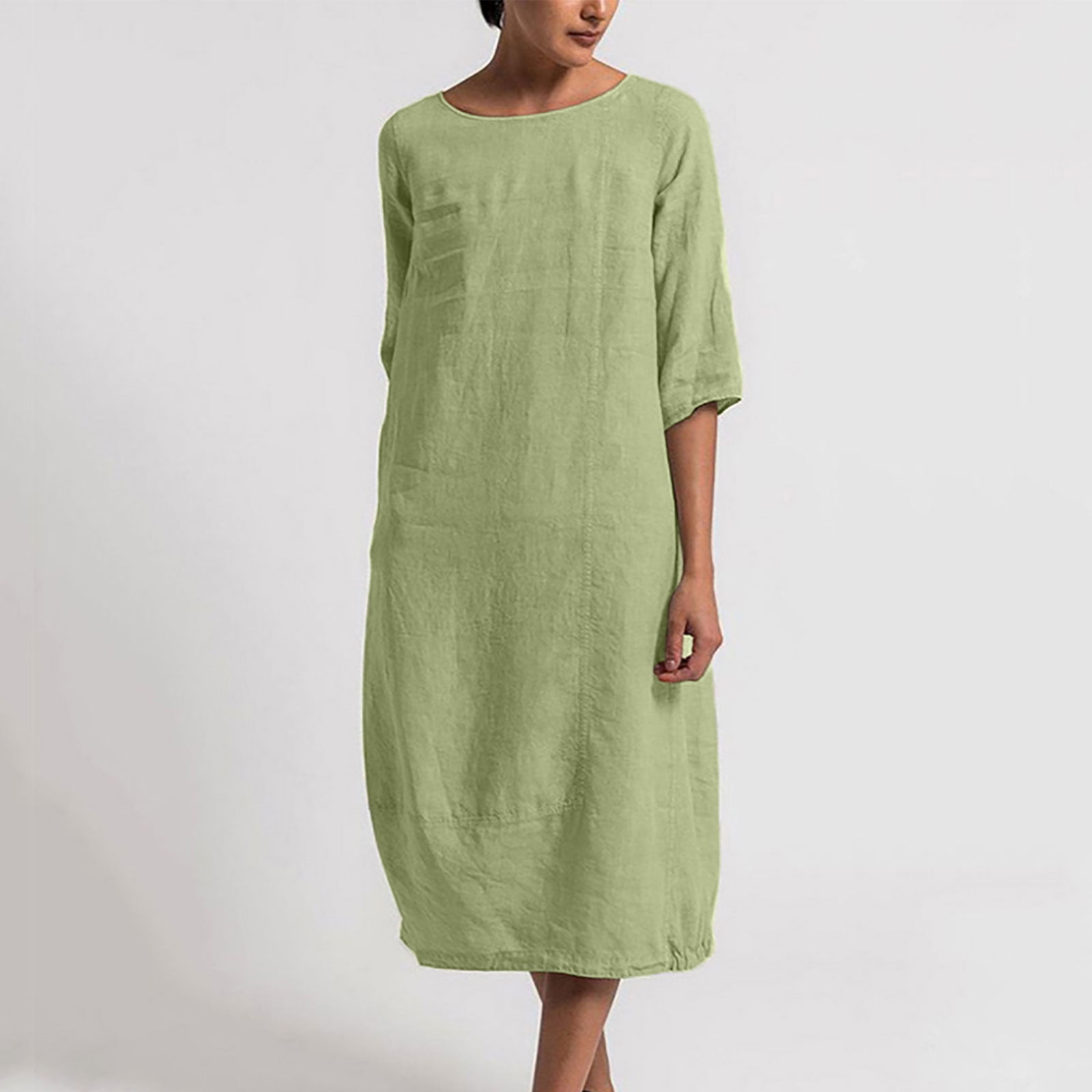 Womens Linen Dress Plus Size Summer Dress Half Sleeve Crew Neck Solid ...