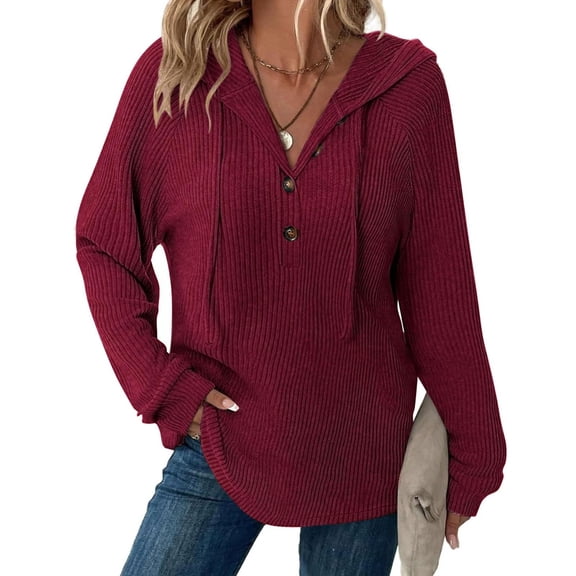 KDDYLITQ Womens Hoodie Hooded Knitted Button Up Sweaters Long Sleeve V Neck Sweatshirt Loose Fit Trendy Tops Wine XL
