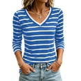 thumbnail image 2 of Women's Long Sleeve Striped T Shirts V Neck Soft Stretchy Slim Basic Tops for Daily Casual Matching Blue L, 2 of 7