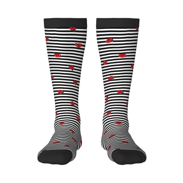 Fotbe Ladybugs on Black and White Striped Calcetas Divertidas Estampadas para Hombre y Mujer, Calcetas de Algodón hasta la Rodilla para Caminar, Correr, Enfermería y Embarazo