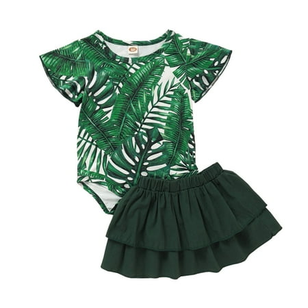

9 Months Infant Baby Girls Clothes 12 Months Infant Girls Summer 2PCS Outfits Short Sleeve Leaves Print Romper Top Layered Skirt Set Green