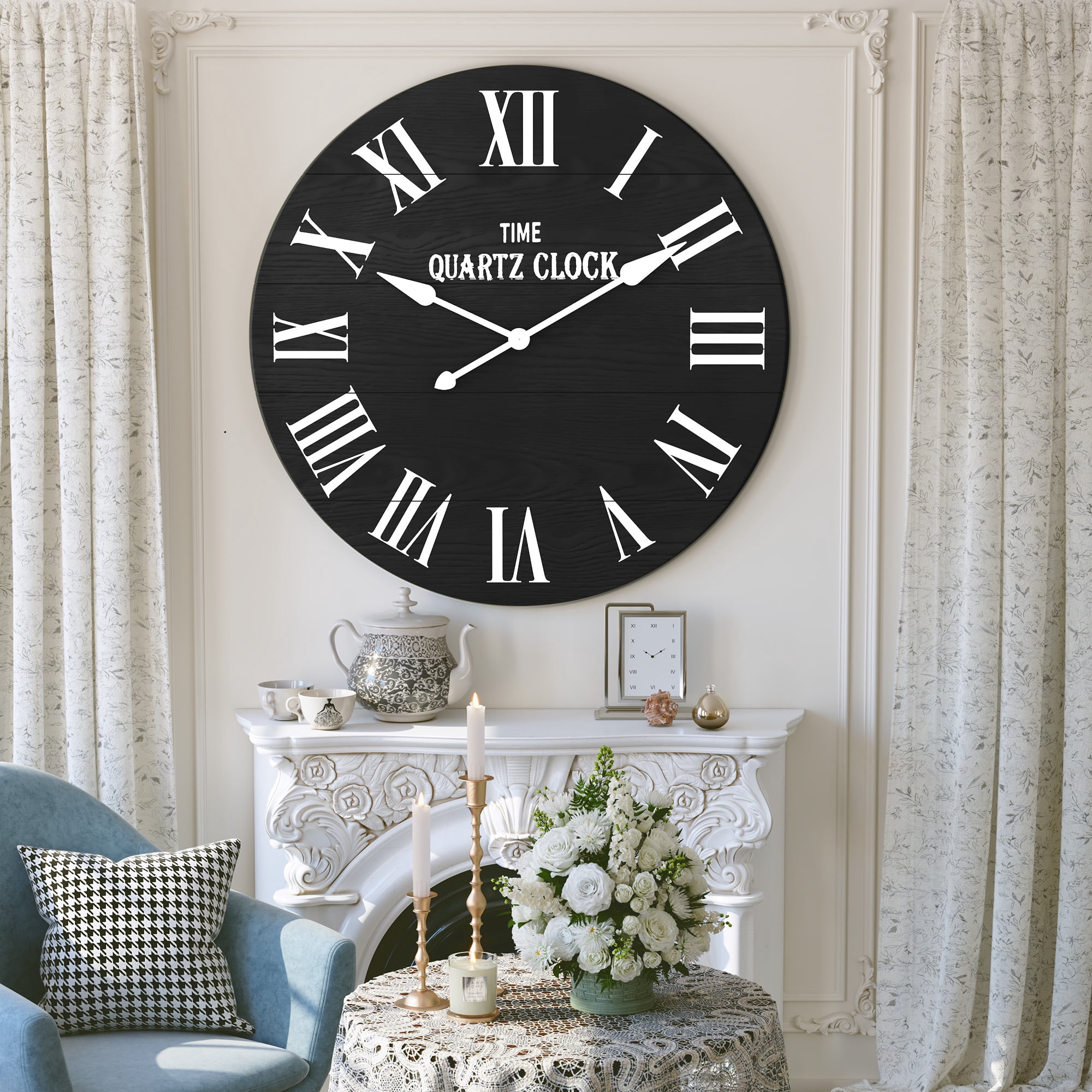 CBJCBJ 35.5” Farmhouse Large Shiplap Round Wall Clock with Roman Numeral for Living Room Decor, Black