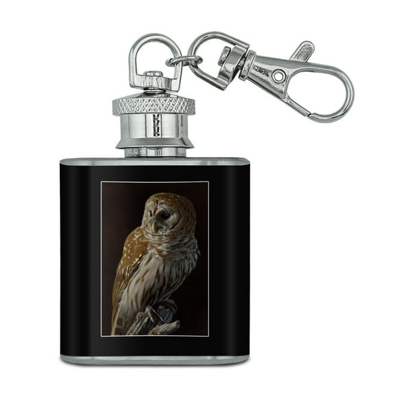 Barred Owl on Tree Branch Stainless Steel 1oz Mini Flask Key Chain