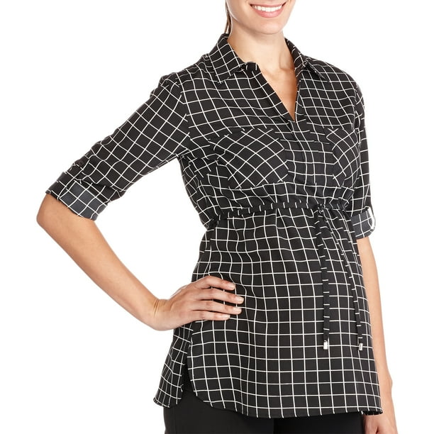 Oh! Mamma Maternity 3/4 Sleeve Checkered Tunic with Tie Waist