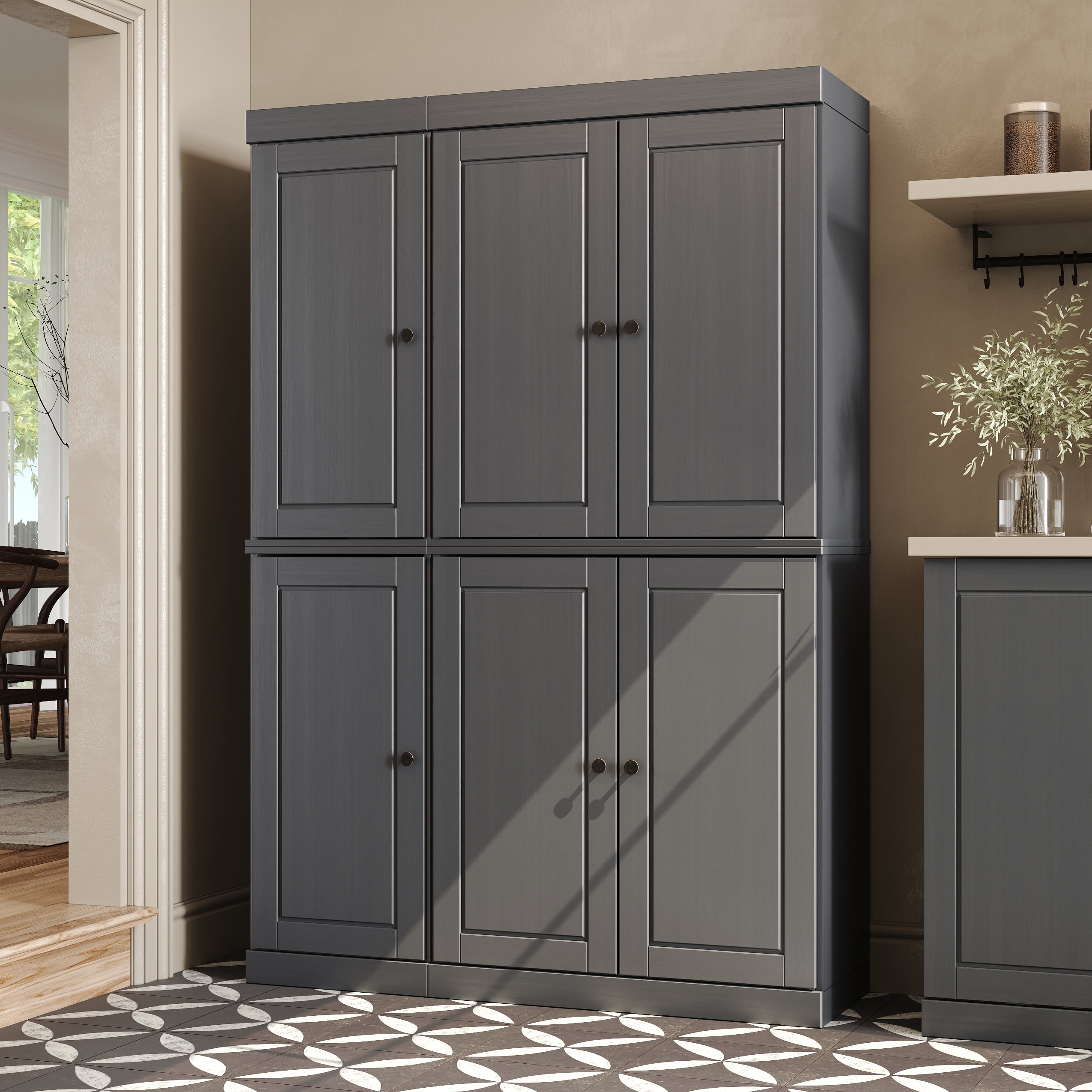 Palace Imports 100% Solid Wood Kitchen Pantry Storage Cabinet with Doors and Adjustable Shelves, 6-Door, Gray