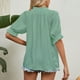thumbnail image 4 of Blusa con cuello en V con cordón Media manga Color puro Camisa informal elegante y transpirable para mujer para citas Verde guisante L, 4 of 6