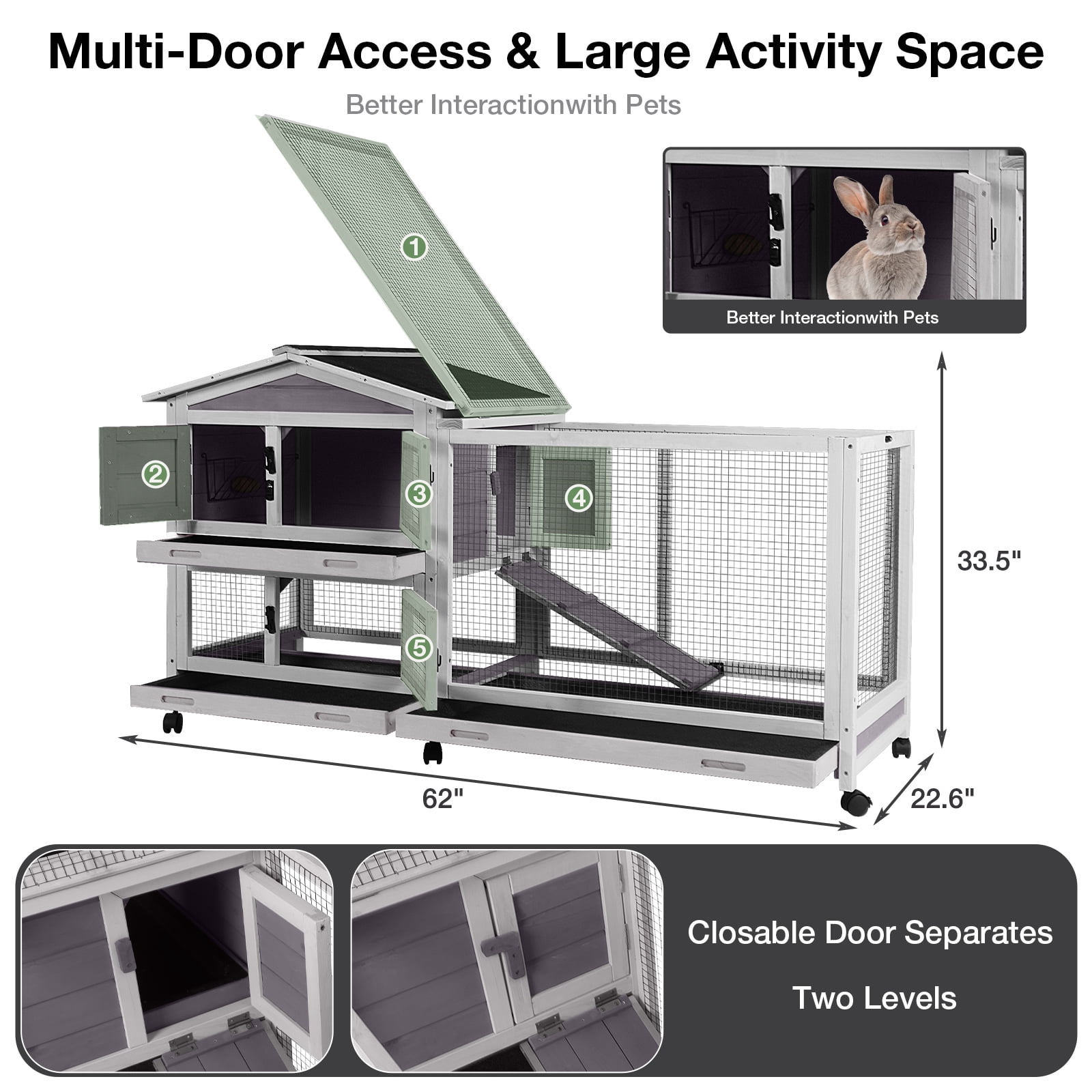 Aivituvin 62" Rabbit Hutch with Wheels for Outdoor & Indoor, 2-Story Bunny Cage with Pull Out Tray, Chew-Proof Ramp, Waterproof Roof
