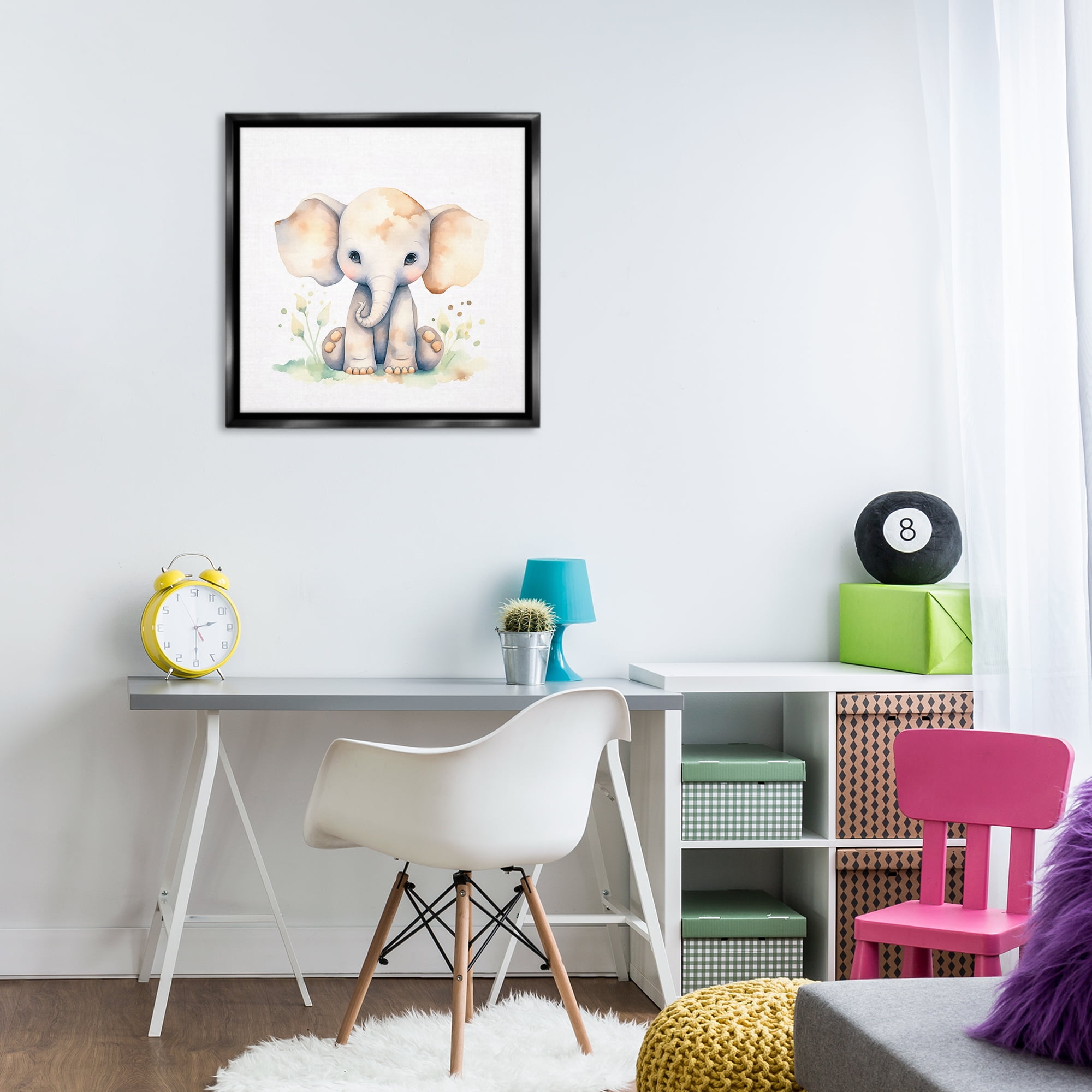 Stupell Industries Sitting Baby Elephant Animals Painting Black Floater Framed Canvas Art Print Wall Art, 25 x 25