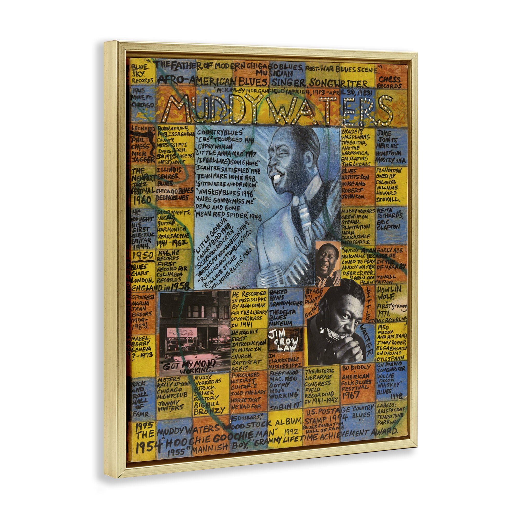 Stupell Industries Muddy Waters Collage People Drawing Gold Floater Framed Canvas Art Print Wall Art, 25 x 31