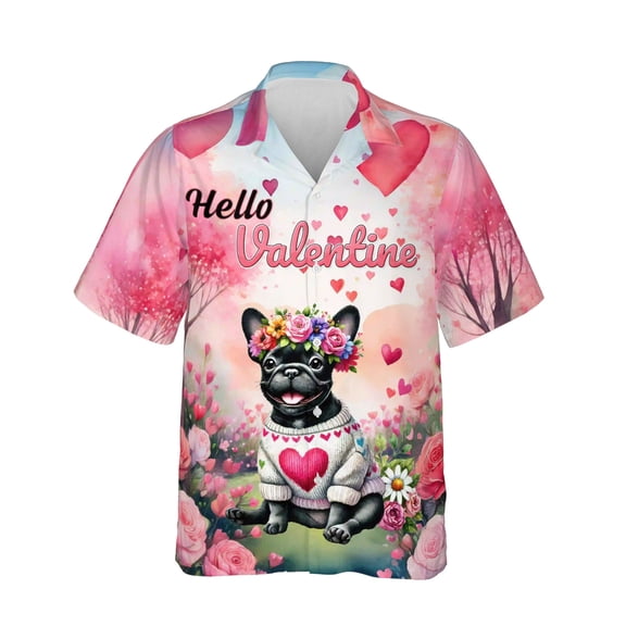 Hello Valentine’s Day French Bulldog Flower Crown Romantic Pink Floral Hawaiian Shirt Breathable Summer Unisex Merch Dog Lover Gifts - 00031