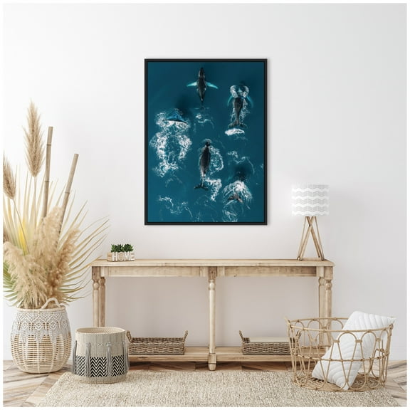 Kate and Laurel School of Humpback Whales in the Blue Ocean Framed Canvas Wall Art by Michael Schauer 28 x 38 Sylvie Black, Coastal, Animals, Landscapes, Nature Art for Wall Decor, Living Room