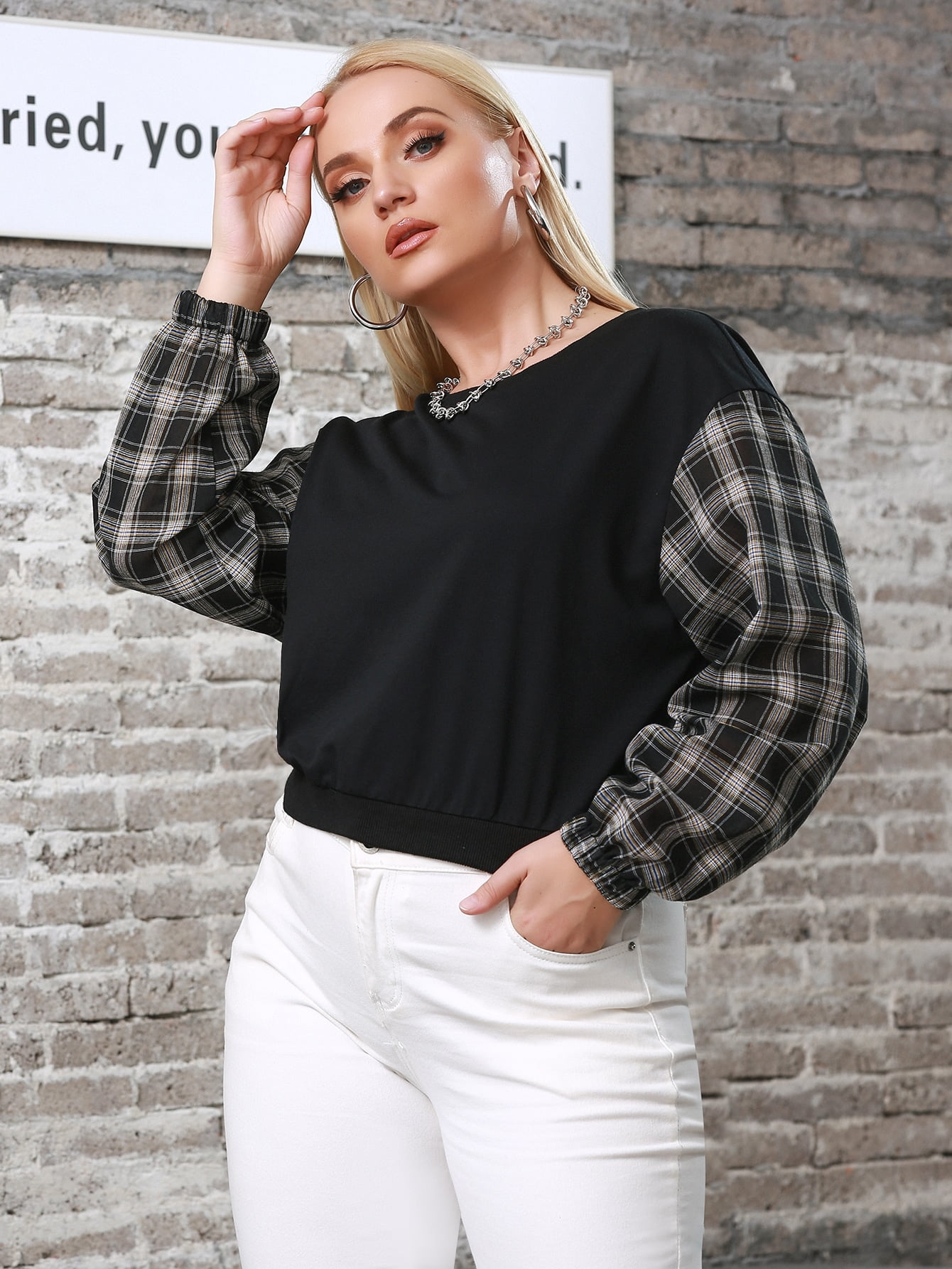 Sweatshirt with plaid sleeves Clearance