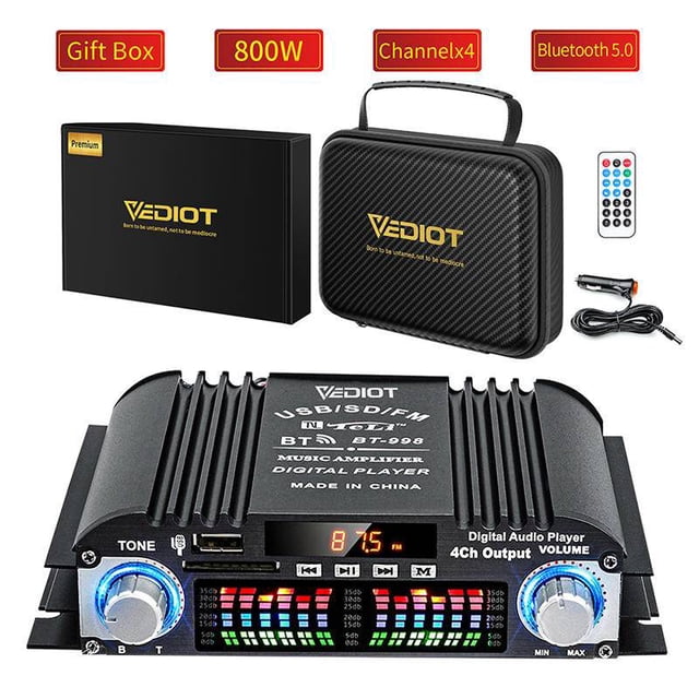 Amplificador de audio para auto 12V/110V/220V 800W Mini Bluetooth 5.0 Coche Amplificador De Audio HiFi Amplificadores De Potencia Estéreo 4 Canales Hogar Sonido Digital Pantalla LCD Bass