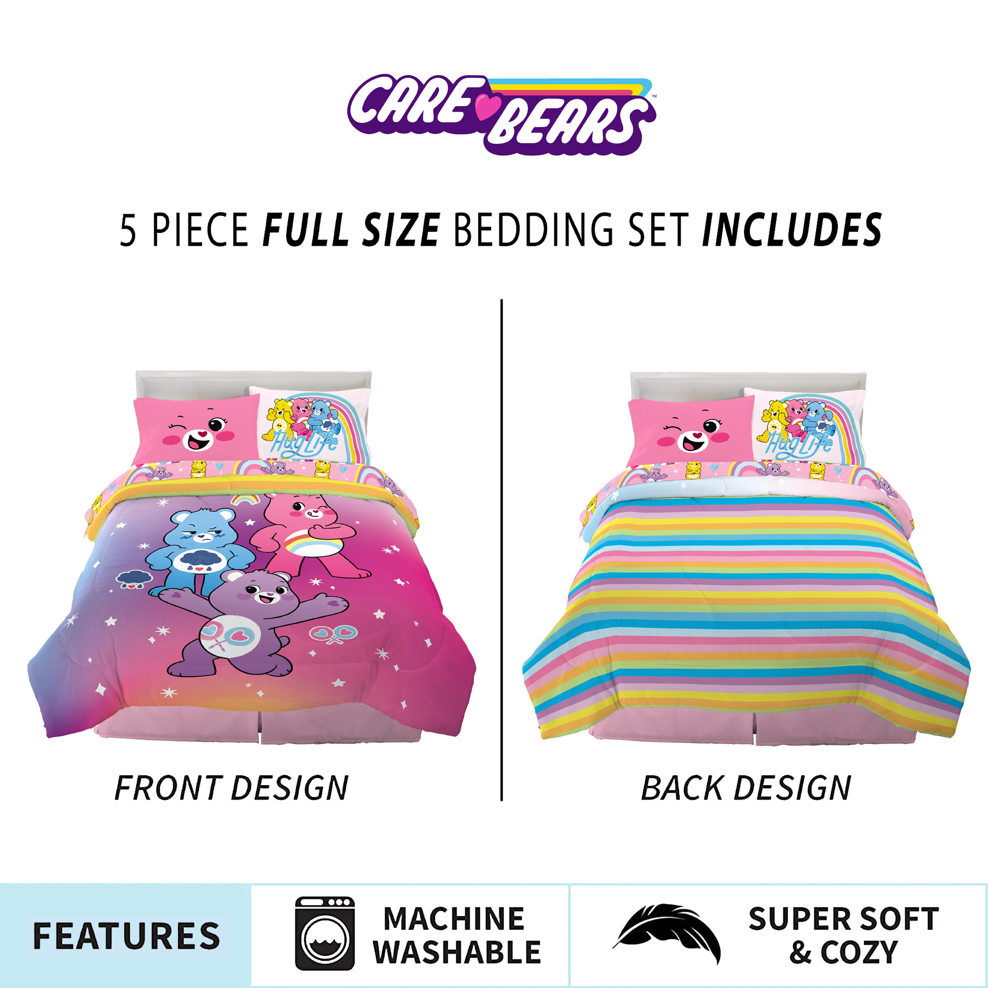 Care Bears Kids Full Bed in a Bag, Comforter and Sheets, Pink and Purple, Cloudco
