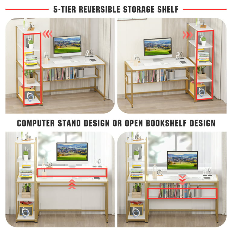 Teraves Reversible Computer Desk for Small Spaces with Shelves,47 inch Gaming Desk Office Desk for Home Office