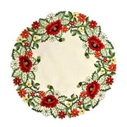 Doily Boutique Round Doily Embroidered with Red Poppy Flowers on Ivory Fabric, Size 11 inches