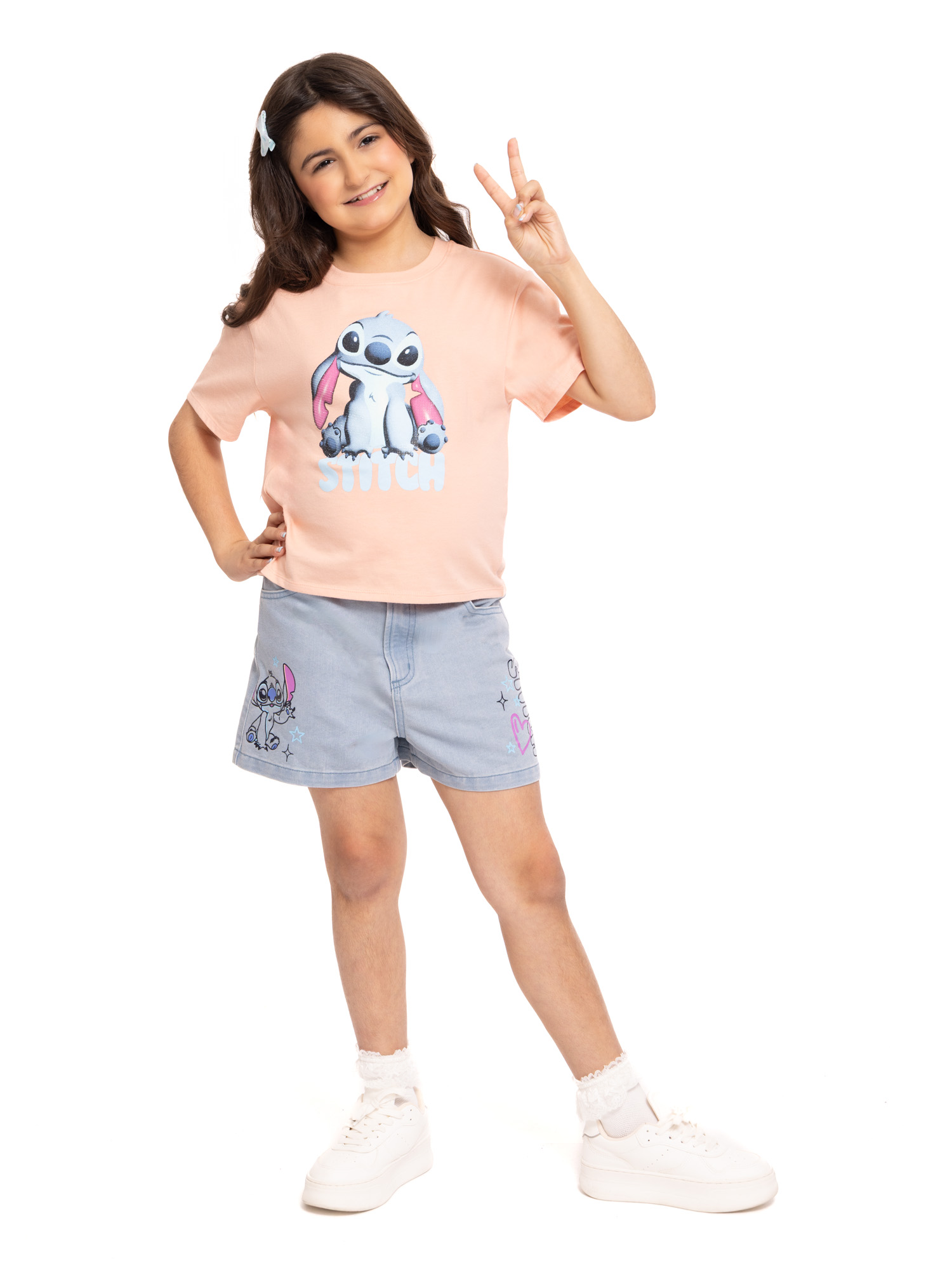 Stitch Girls Graphic Print Denim Shorts, Sizes 4-16