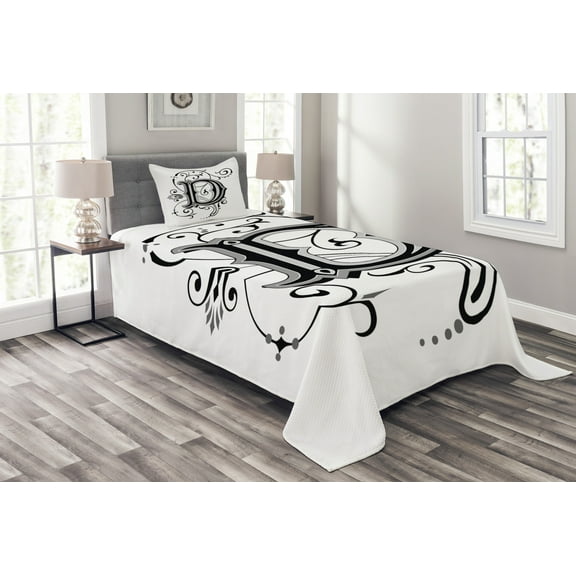 Ambesonne Letter D Quilted Bedspread Set 2 Pcs, D Medieval Art, Twin Size, Black Grey White