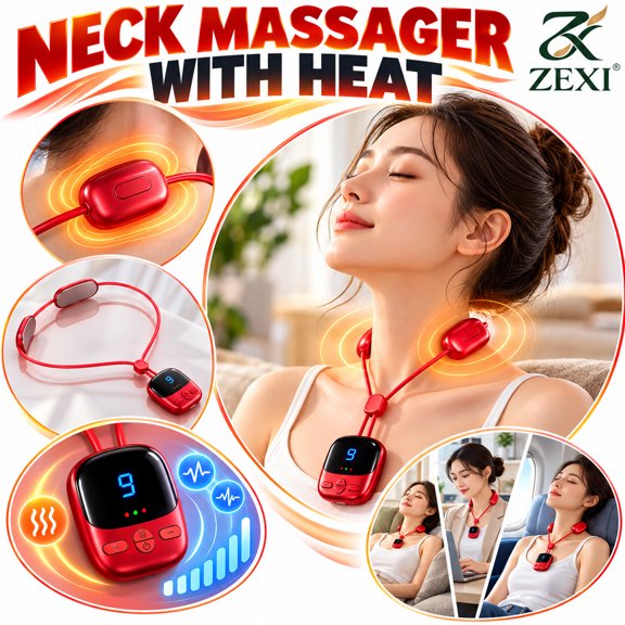 Mini Necklace-Style Neck Massager with Heat, Portable Cordless Rechargeable Neck Massager, 4 Modes 9 Levels for Office, Travel & Home