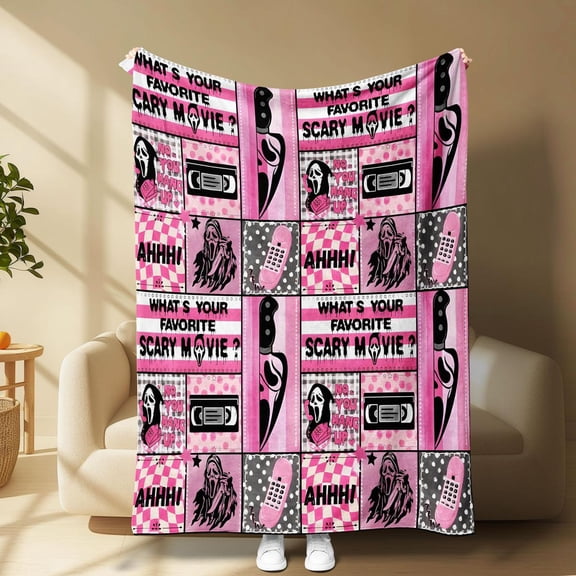 [60x50inch] [Vibrant Bazaar] Scream Horror Movie Flannel Blanket Soft Cozy Lightweight Pink Design Spooky Halloween Themed Throw for Sofa Bed Nap Travel Office Home Decor Blanket All Season Use Scary