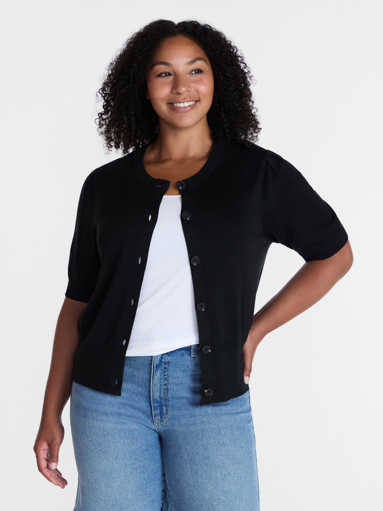 Time and Tru Woman's Crew Cardigan with Short Sleeves, Sizes XS-XXXL