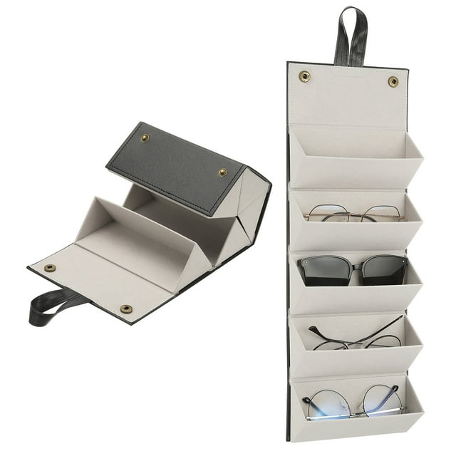 Organizador de gafas de sol, estuche de viaje de cuero para gafas de sol con 5 ranuras, caja organizadora de almacenamiento de gafas de sol para mujeres (Negro)