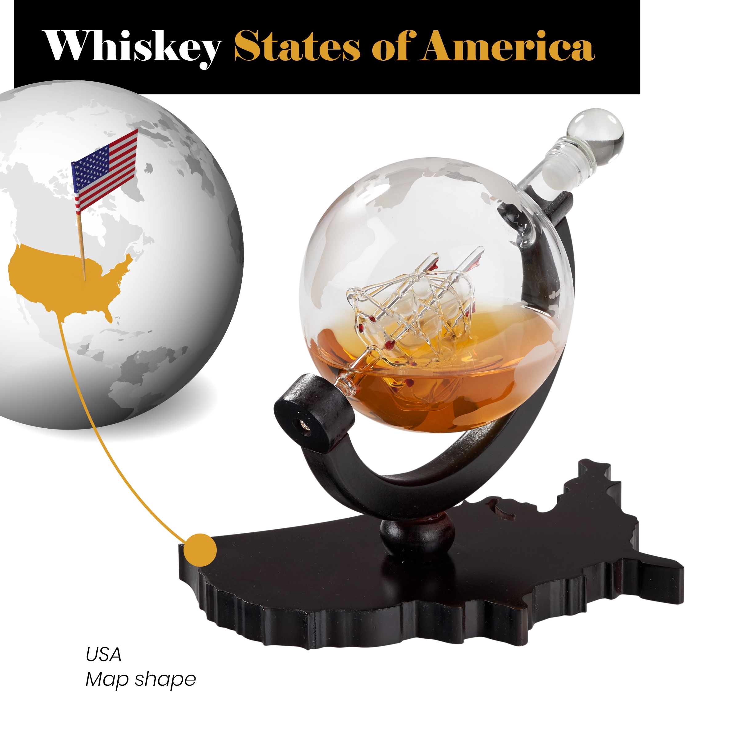 Elegant Whiskey Decanter Set - Etched Globe Design Glass Decanter on USA Map Tray - Impressive Bar Set - image 5 of 7