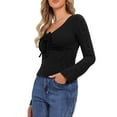 thumbnail image 4 of INSPIRE CHIC Drawstring Ruched Top for Women's Floral Printed V Neck Long Sleeve Slim Fit Shirt XS Black, 4 of 6