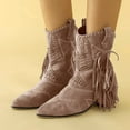 thumbnail image 2 of Tassel Cowgirl Boots for Women Boho Suede Pointed Toe Stacked Heel Mid Calf Dress Cowboy Booties, 2 of 8