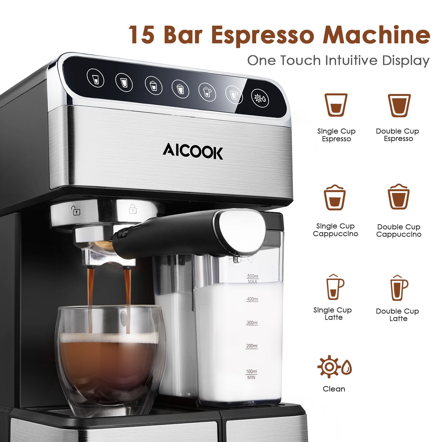 AICOOK Espresso and Coffee Machine Renewed Milk Frother for Cappuccino and Latte 3 in 1 Combination 15 Bar Espresso Machine and Single Serve Coffee Maker With Coffee Mug Black