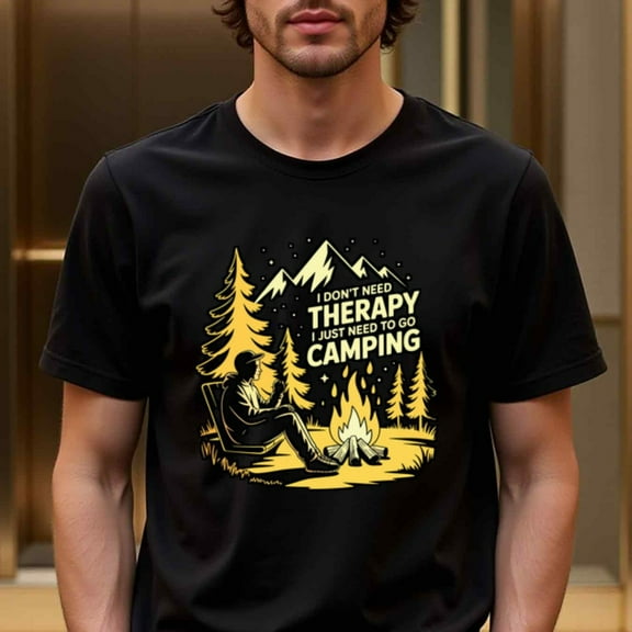 Men's & Teens Camping Graphic T-Shirt - Black with Yellow Outdoor Design - Heavyweight 100% Cotton Crew Neck Tee for Hiking, Beach, Parties - All-Season Casual Shirt - Warehouse, Hiking Apparel, Adv