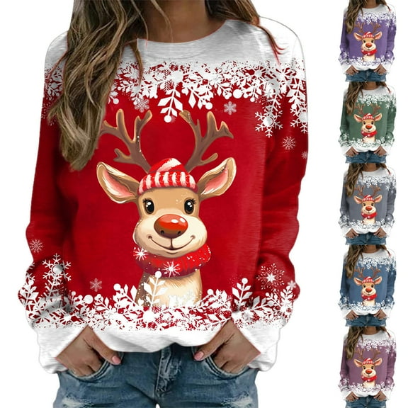 larppty Women's 2025 Christmas Sweatshirt - Long Sleeve Crewneck Reindeer Graphic Cute Pullover Blue, S
