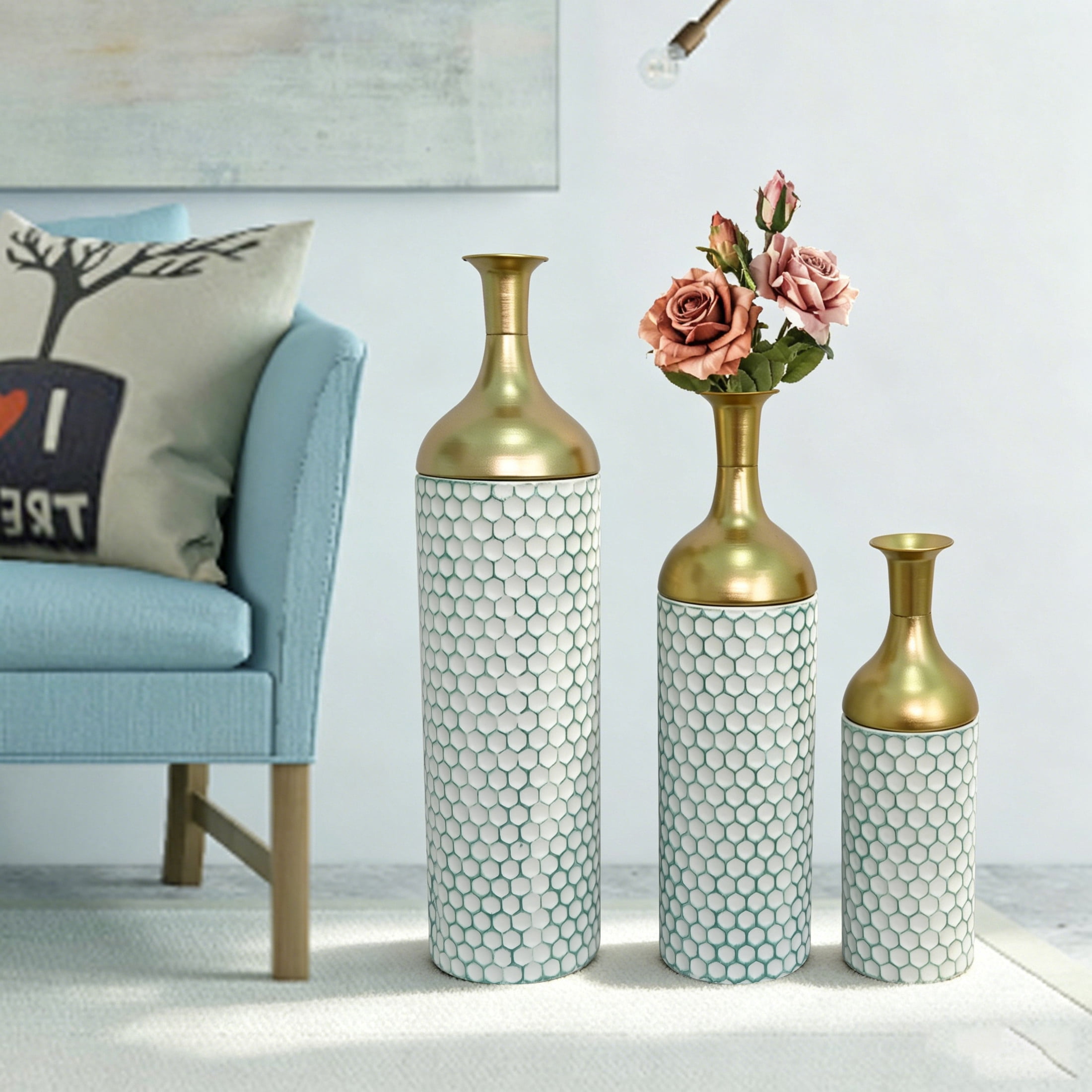Noble House Set of 3 Decorative Metal Floor Vases, Tall Honeycomb Textured Vases for Home Decor, White+Gold