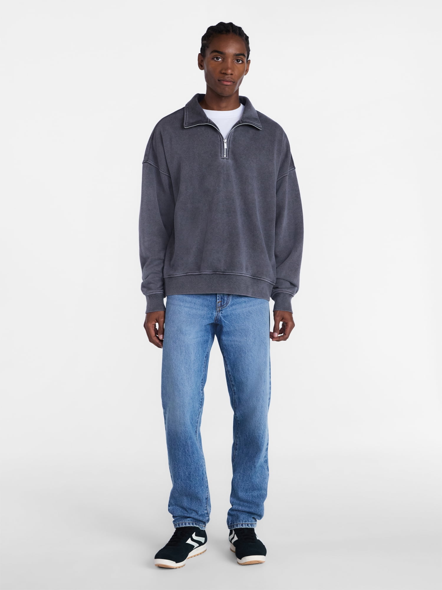 No Boundaries Boxy Fit Quarter Zip Fleece Sweatshirt with Long Sleeves, Men's XS-4XLT
