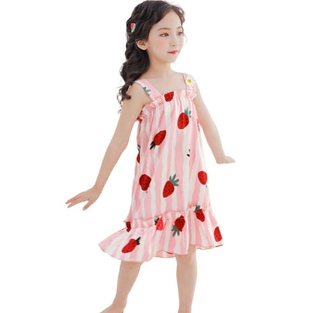 

Chaoren Kids Girl Strawberry Floral Ice Silk Sleeveless Strap Dress Nightdress Pajama