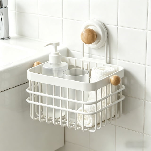 Kitchen Storage Basket Wall Mounted Iron Organizer With Suction Cup Ventilated Design For Pantry Bathroom Entryway