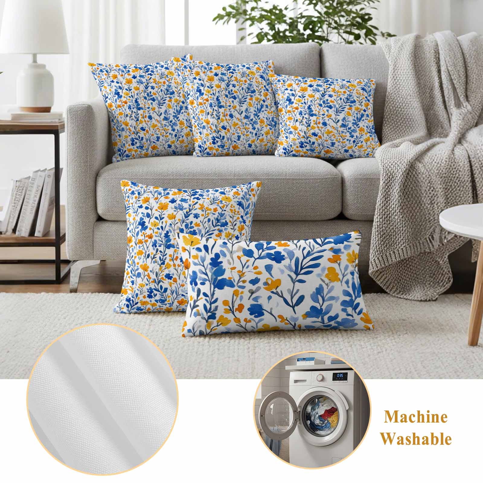 Watercolor Lake Pillow Covers 2 Pack Blue and Yellow Floral Leaves Spring Plant Pillowcase Waterproof Outdoor Throw Pillow Cover for Patio Garden Square Cushion 16”x16”