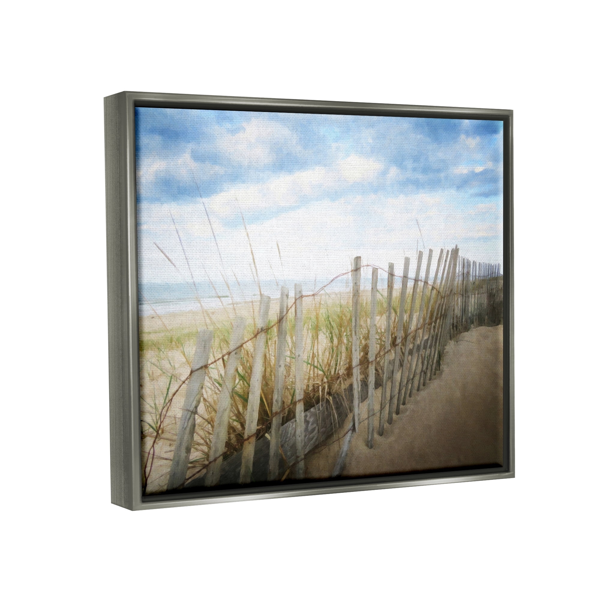 Stupell Industries Seaside Boardwalk Ocean Sand Fence Beach Grass Graphic Art Luster Gray Floating Framed Canvas Print Wall Art, Design by Graffitee Studios