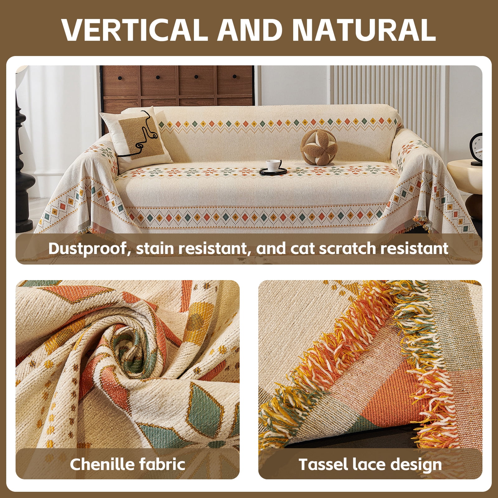 Croniis Boho Sofa Cover with Anti-slip Velcro Tape, Couch Blanket Cover Sectional Sofa Cover for Boho Style, Revitalizing the Old Sofa,Couch Protector,Chenille Fabric Colorful Lozenge 71*134in