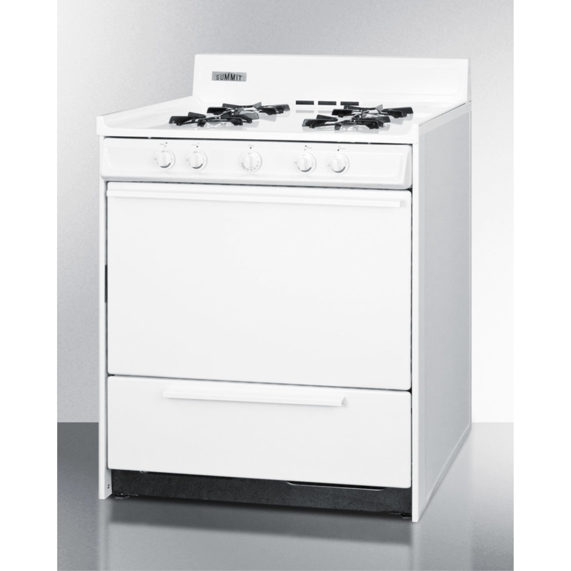 30" wide gas range in white with open burners and spark ignition